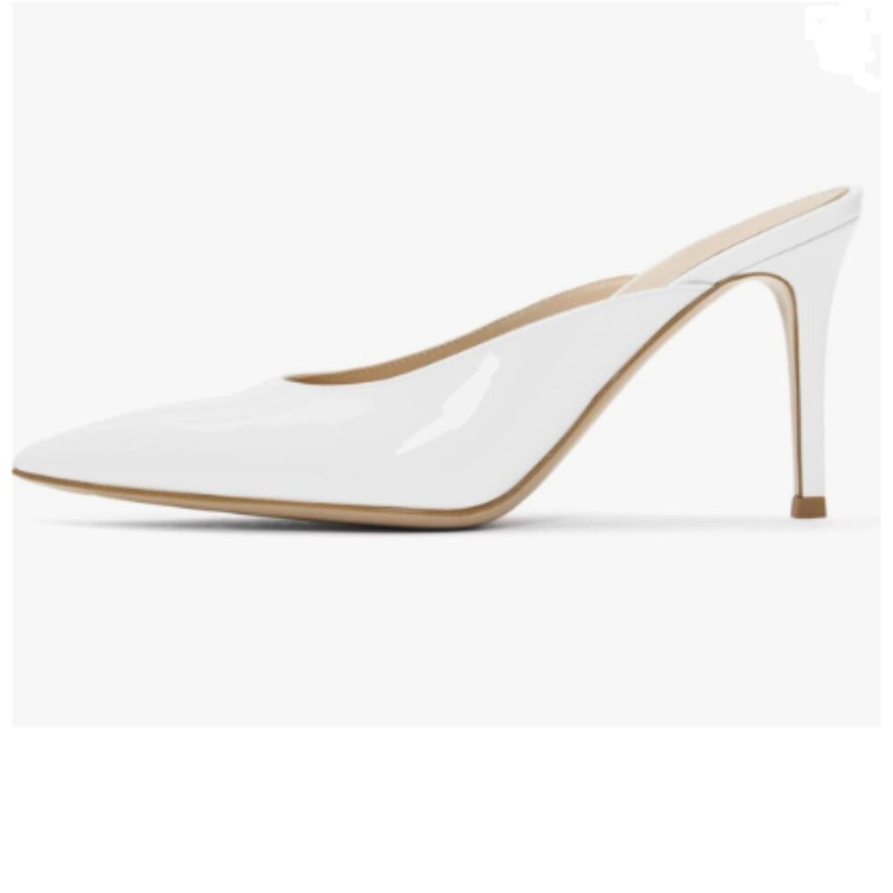 XYD White High Heels Mules Pointed Toe Slip On Slide Sandals Dress Slipper